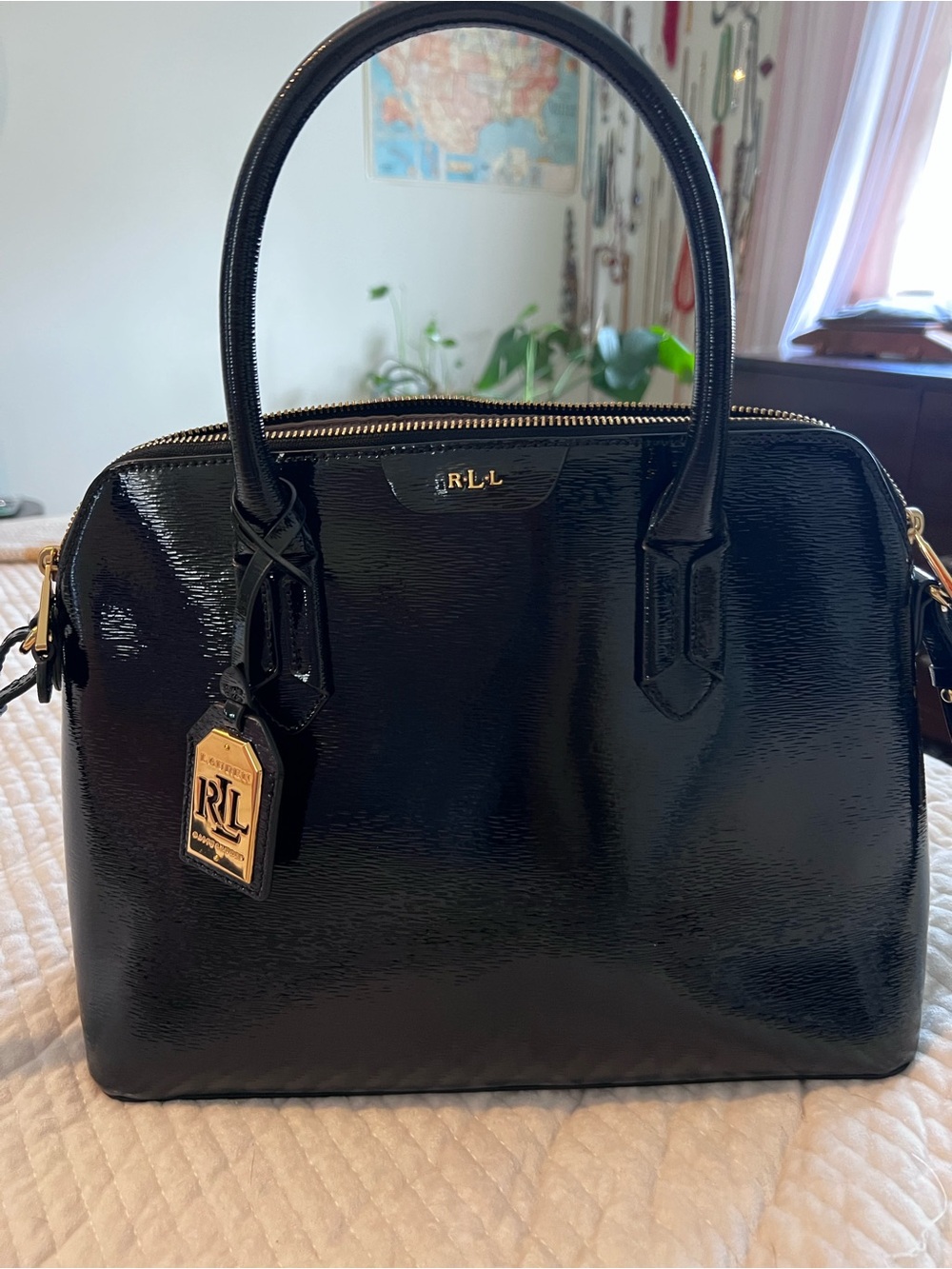 Ralph Lauren Black Patent Dome Satchel with Gold Hardware